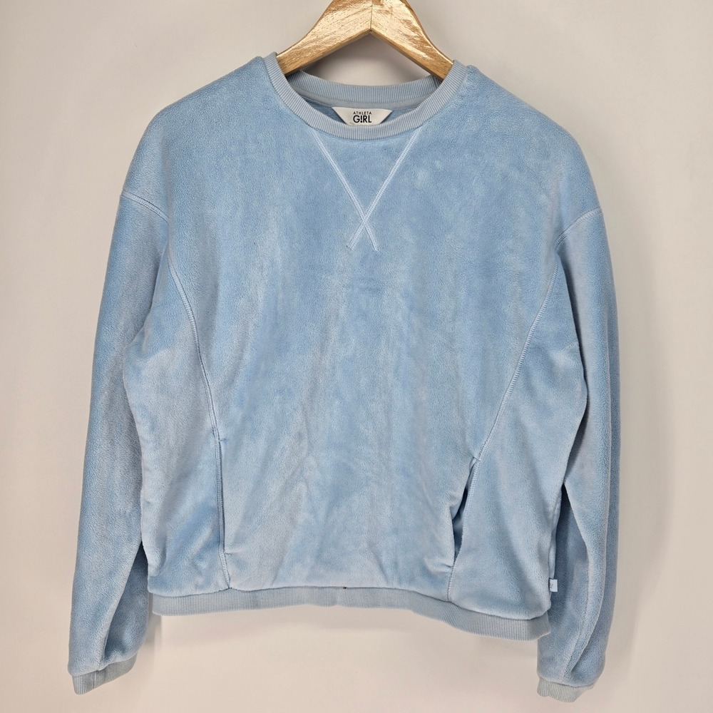 Athleta Girl Fleece Sweatshirt Girls XL 14 Blue Crewneck Pocket‎ Cozy Pullover